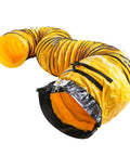 Ultra Flexible 16 Inch By 25 Foot PVC Ducting For Exhaust Fans Flame Retardant Heavy Duty Vinyl Woven Polyester With Spring Wire Smooth Interior Easy Fit Ventilation Ducting For Home Garage Or Workshop shown coiled on white background.