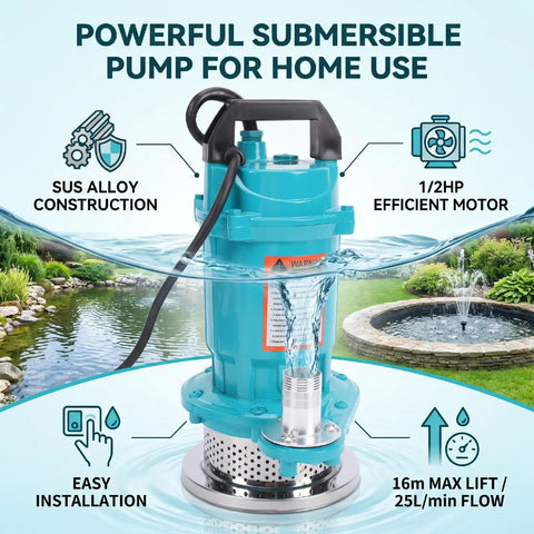 Top Shelf Stainless Steel Submersible Sump Pump For Basement Drainage Featuring Quiet 115V Motor And Portable Heavy Duty Design in water.
