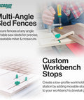 Rock Solid 2 Inch Dovetail Track Screws And Wing Knob Kit For Custom Woodworking Jigs showing multi-angle sled fences and workbench stops.