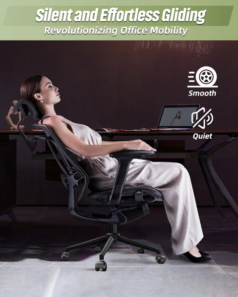 Woman reclining on office chair with 24 Inch Criss Cross Chair Base Replacement With Rubber Casters For Home Office Swivel Chairs, matte black.