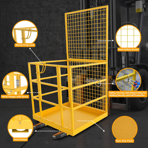 Tough As Nails Heavy Duty Forklift Man Basket And Safety Cage With 1300 Pound Capacity for aerial work, featuring mesh safety screen and non-slip floor.