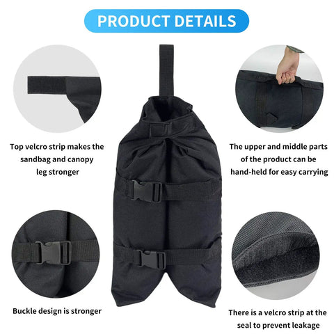 Beefed Up Heavy Duty Canopy Weight Bags Set Of 4 For Instant Outdoor Shelters, black with Velcro and buckle details