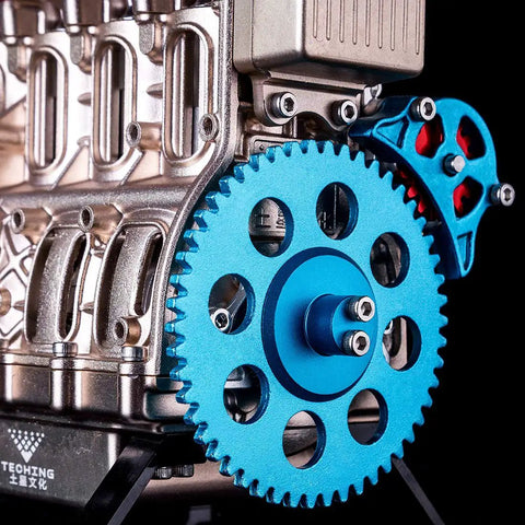Metal 4-Cylinder Engine Model Kit For Adults And Teens, 325+ Precision Parts, DIY Mechanical Build With Realistic Movement, 4+ Hours Assembly, STEM Project For Car Junkies And Hobbyists, blue gear close-up