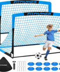 Backyard Kids Soccer Goals Set Two Pack Portable Pop Up Nets With Ball Cones Pump And Ground Stakes Complete Training Gear Kit For Kids Ages 3 To 14 Outdoor Sports Fun, showing two blue pop-up soccer goals, cones, soccer ball, and pump.