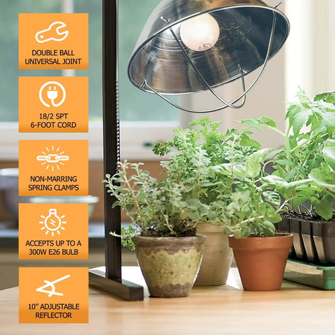 Clamp Lamp With 10 Inch Reflector And Bulb Guard, 300 Watt Bulb, 6 Foot Cord beside potted plants indoors
