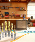 Six Piece Titanium Coated Drill Tap Set For Aluminum, Brass, Zinc, Copper, Plastic And Wood with hex shank, in a workshop.