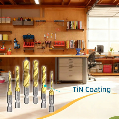 Six Piece Titanium Coated Drill Tap Set For Aluminum, Brass, Zinc, Copper, Plastic And Wood with hex shank, in a workshop.