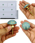 Sky Blue Brass Door Knobs Set Of 6 38mm Handcrafted Drawer Pulls And Cabinet Knobs For Cabinets Wardrobes And Kitchen Cupboards Includes Screws For Easy Install. round brass knob with blue floral pattern
