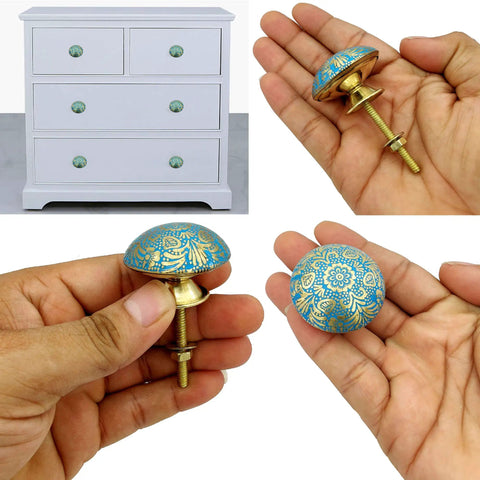 Sky Blue Brass Door Knobs Set Of 6 38mm Handcrafted Drawer Pulls And Cabinet Knobs For Cabinets Wardrobes And Kitchen Cupboards Includes Screws For Easy Install. round brass knob with blue floral pattern