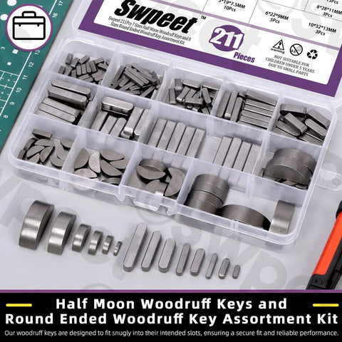 Swpeet 211-piece metric woodruff key assortment kit with half-moon and round-ended keys, top-down view