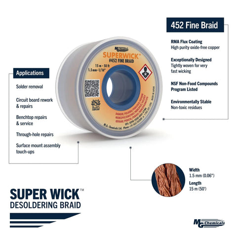 Desoldering Braid Fine Wick With RMA Rosin Flux, Pro Grade spool showing details, 50 Feet Long, 0.05 Inch Wide, Yellow, Copper