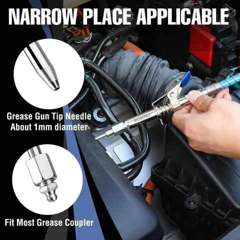 Beefed Up Quick Release Grease Gun Coupler Set With 2 Couplers 2 Grease Needles And 2 12 Inch Hoses 10000 PSI Locking Seal For Zerk 1 Eighth NPT Fittings Heavy Duty installed in a tight engine compartment