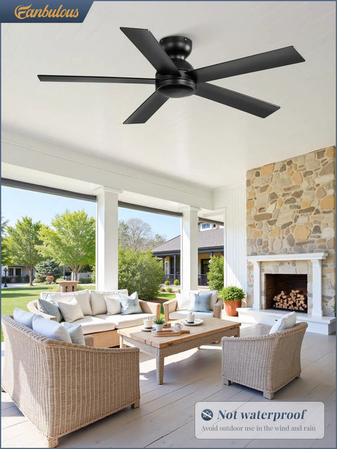 48 Inch Flush Mount Ceiling Fan No Light Black With Remote 6 Speed Quiet Reversible DC Motor Ideal For Indoor Outdoor Use On Patio