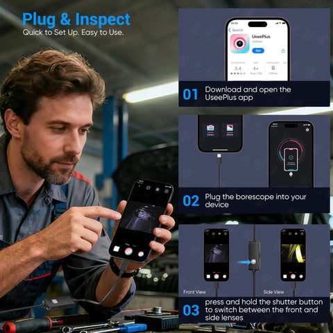 Man setting up 1920P HD Borescope With 8 Adjustable LEDs Semi Rigid Endoscope For Tight Spaces And Deep Inspection Of Pipes Engines And Walls IP67 Waterproof 16 Foot Cable Plug And Play For iOS And Android Great For Pros And DIYers