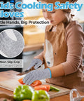 Child wearing Kids Cut Resistant Gloves For Cooking And Crafting, 100 Percent Food Safe, Breathable And Lightweight, cutting vegetables