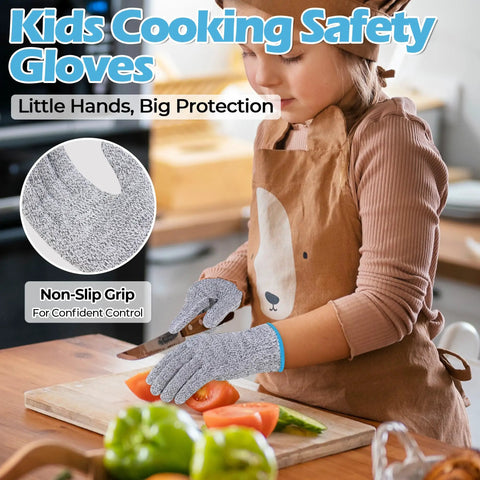 Child wearing Kids Cut Resistant Gloves For Cooking And Crafting, 100 Percent Food Safe, Breathable And Lightweight, cutting vegetables