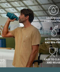 Man drinking from 25oz Collapsible Travel Water Bottle With Leakproof Flip Top Lid BPA Free while standing in an airport.