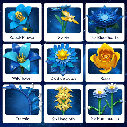 Starry Blooms Flower Bouquet Building Set for Adults Totally Inspired by Van Gogh Starry Night 14 realistic ABS brick flowers