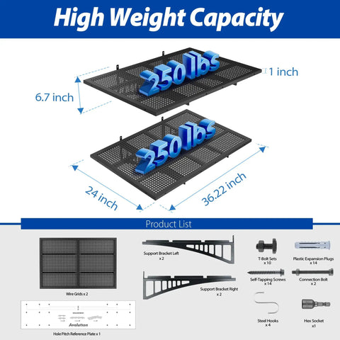 Diagram of Workhorse Garage Wall Shelves Set 2 Pack 2x3 Foot Wall Mounted Storage Shelves With Hooks 500 Pounds Capacity Total