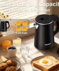 Ultra Portable 0.8L Electric Kettle With Stainless Steel Build on a kitchen counter next to breakfast items, ideal for travel.