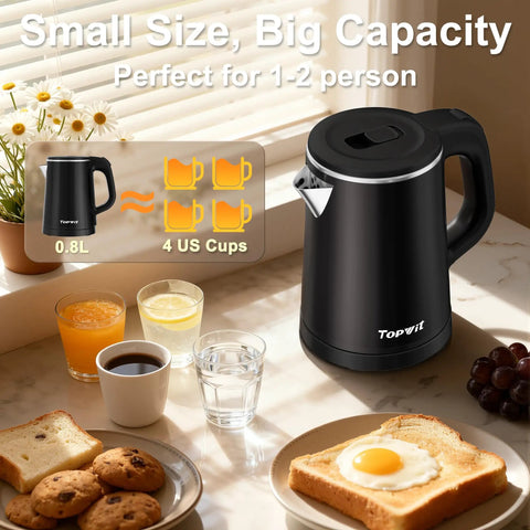 Ultra Portable 0.8L Electric Kettle With Stainless Steel Build on a kitchen counter next to breakfast items, ideal for travel.