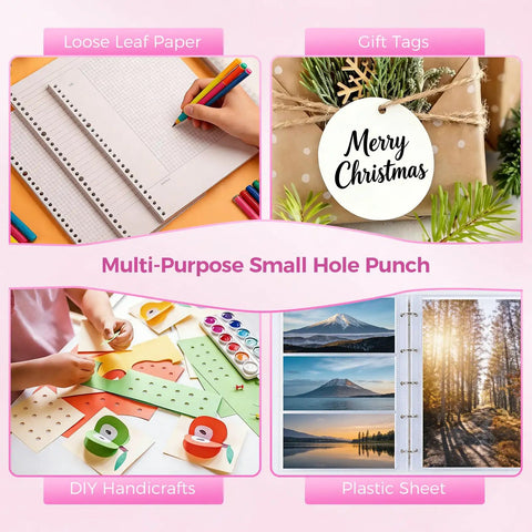 Image of multi-purpose small hole punch for loose leaf paper, gift tags, DIY handicrafts, and plastic sheets with empty holes.