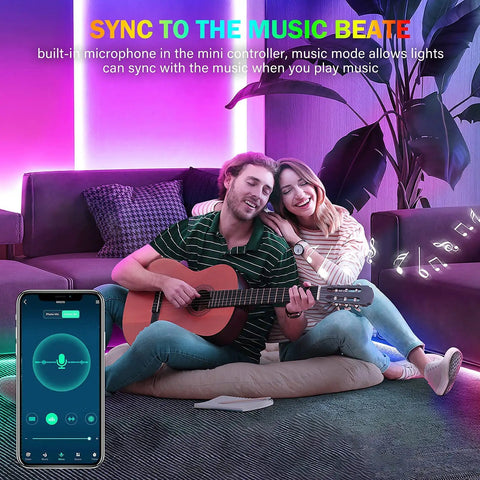 Couple enjoying RGB LED Rope Lights for Bedrooms and Party Vibes, 65.6Ft LED Strip With Music Sync in living room setting