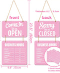 Pink Wooden Double Sided Business Hours Sign With Time Stickers For Coffee Shops Bars And Restaurants Open And Closed Display For Door Or Window Ideal For Small Businesses, showing dimensions and details.