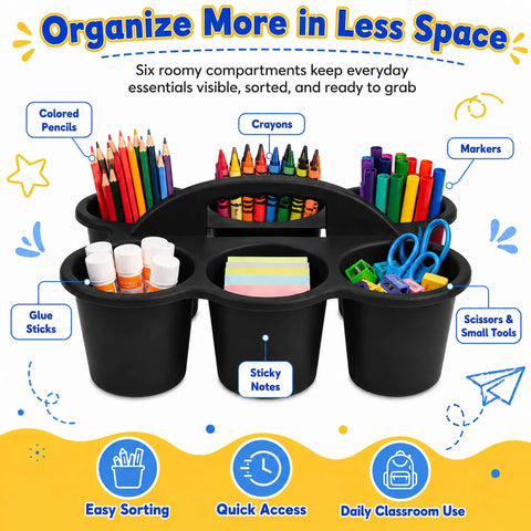 Six Pack Black Classroom Caddies With Handles For Desk Organization, 6 Compartment Supply Organizer with pencils and markers