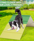 Dog Agility A-Frame Ramp for Backyard Training Non Slip Outdoor Agility Equipment 74.8 by 18.9 Inch with dog on ramp in yard