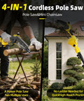 Cordless Pole Saw 4-In-1 with dual bars cutting branches and trimming trees without ladder.