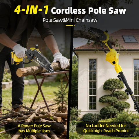 Cordless Pole Saw 4-In-1 with dual bars cutting branches and trimming trees without ladder.