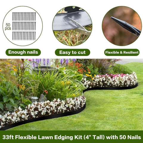 33 Foot Landscape Edging Kit With 50 Stakes 4 Inch Tall Flexible No Dig Plastic Lawn Border in flower bed
