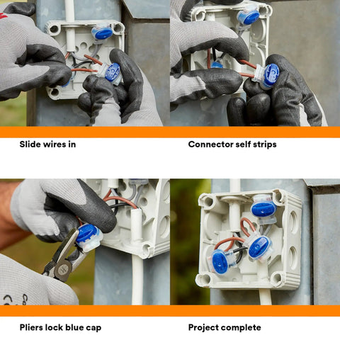 Installation of Blue Insulation Displacement Connector For 2 Or 3 Wires Pigtail Self Stripping And Moisture Resistant 22 To 14 AWG