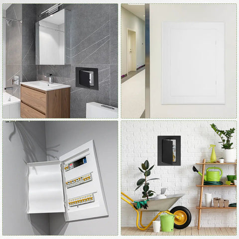 Heavy Duty Drywall Access Panel Nine Point Nine Inch Ceiling Repair Cover conceals wires in modern bathroom, white panel.