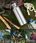 Heavy Duty 34oz Vacuum Insulated Stainless Steel Water Bottle on nature background with camping gear for outdoor adventures.
