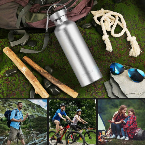 Heavy Duty 34oz Vacuum Insulated Stainless Steel Water Bottle on nature background with camping gear for outdoor adventures.