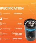 UL Certified 340-408uF Round Start Capacitor 220-250V AC 50 60 Hz Plug In Replacement for single phase motors, front view