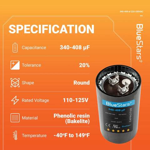 UL Certified 340-408uF Round Start Capacitor 220-250V AC 50 60 Hz Plug In Replacement for single phase motors, front view