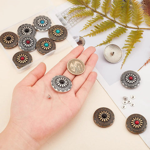 Top Shelf Vintage Western Screw Back Buttons 12 Piece Set 30mm Turquoise Flower Conchos displayed in hand with metal backing.