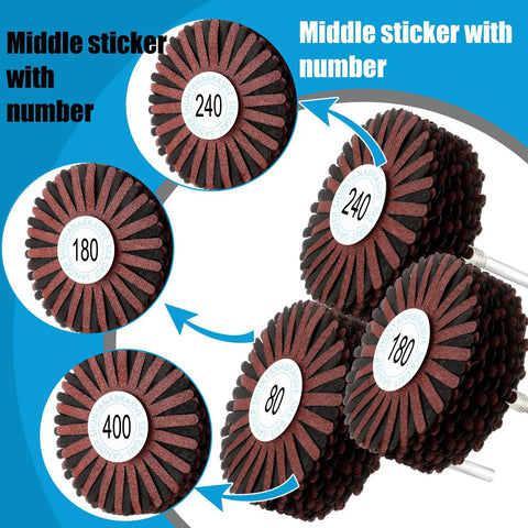 7 Piece Abrasive Cloth Flap Wheel Set With One Quarter Inch Shank for DIY woodworking, showing grits 80, 180, 240, 400