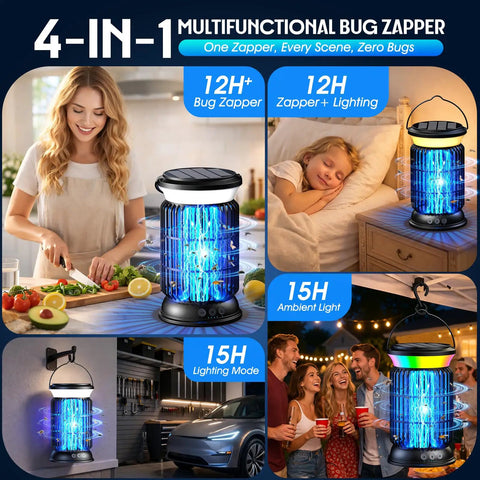 4-In-1 Solar Bug Zapper Outdoor, Rechargeable 6000mAh Mosquito Zapper shown in kitchen, bedroom, garage, and outdoor settings.