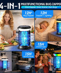 4-in-1 multifunctional bug zapper in various home and outdoor settings, highlighting its versatility and runtime.