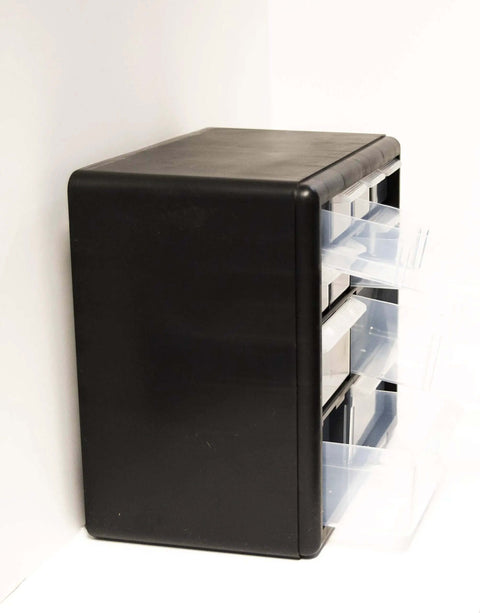 Side view of 12-Drawer Parts Organizer In Black With Clear View Drawers, Wall Mountable For Easy Access To Small Hardware, Tools