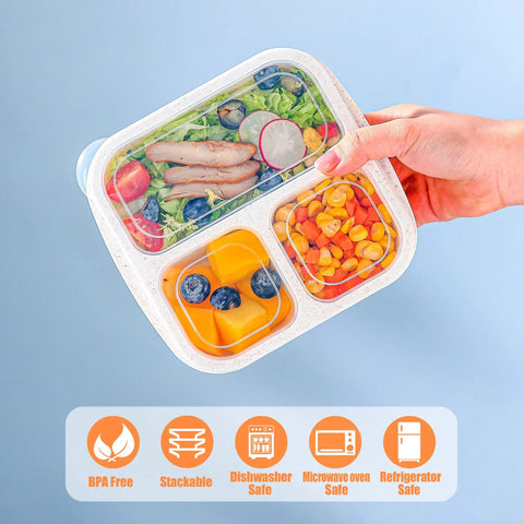 Kids Bento Box Set 4 Pack With 3 Compartments For Meal Prep, Reusable Lunch Containers, Wheat Straw, BPA Free, in hand