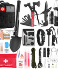 All In One 160 Piece Survival And First Aid Kit For Outdoors With Upgraded MOLLE Bag, tools, and medical supplies displayed