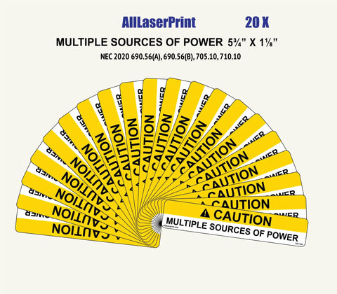 Outdoor PV Solar System Caution Labels Pack of 20 With Heavy Duty Adhesive And UV Resistant Finish Five And Three Quarters By One And One Eighth Inch Multiple Power Source Warning Decals For Electrical Panels