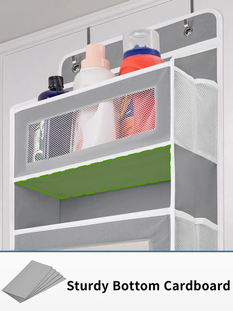 Heavy Duty Over The Door Storage Organizer With Five Tier Shelves For Bedroom Pantry Bathroom showcasing sturdy mesh pockets and bottles.