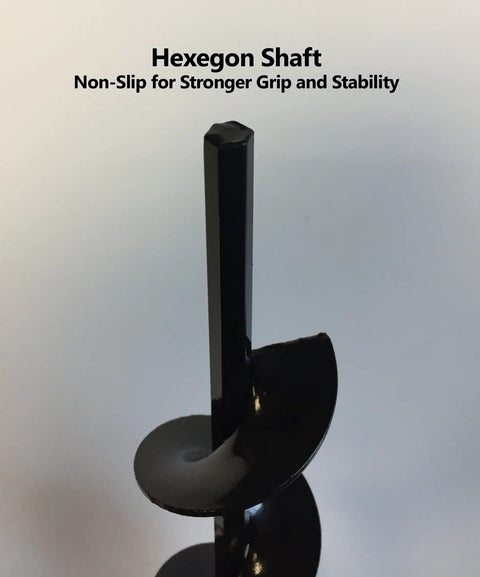 Hex Shaft Drill Planter with Non Slip Grip, Heavy Duty Steel Auger 2.75 Inch by 24 Inch, close-up of hex shaft and spiral auger blade