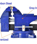 Beefy 4.5 Inch Bench Vise With 240 Degree Rotating Base, medium carbon steel, gray iron, 4.5 inch jaw, galvanized parts, blue finish